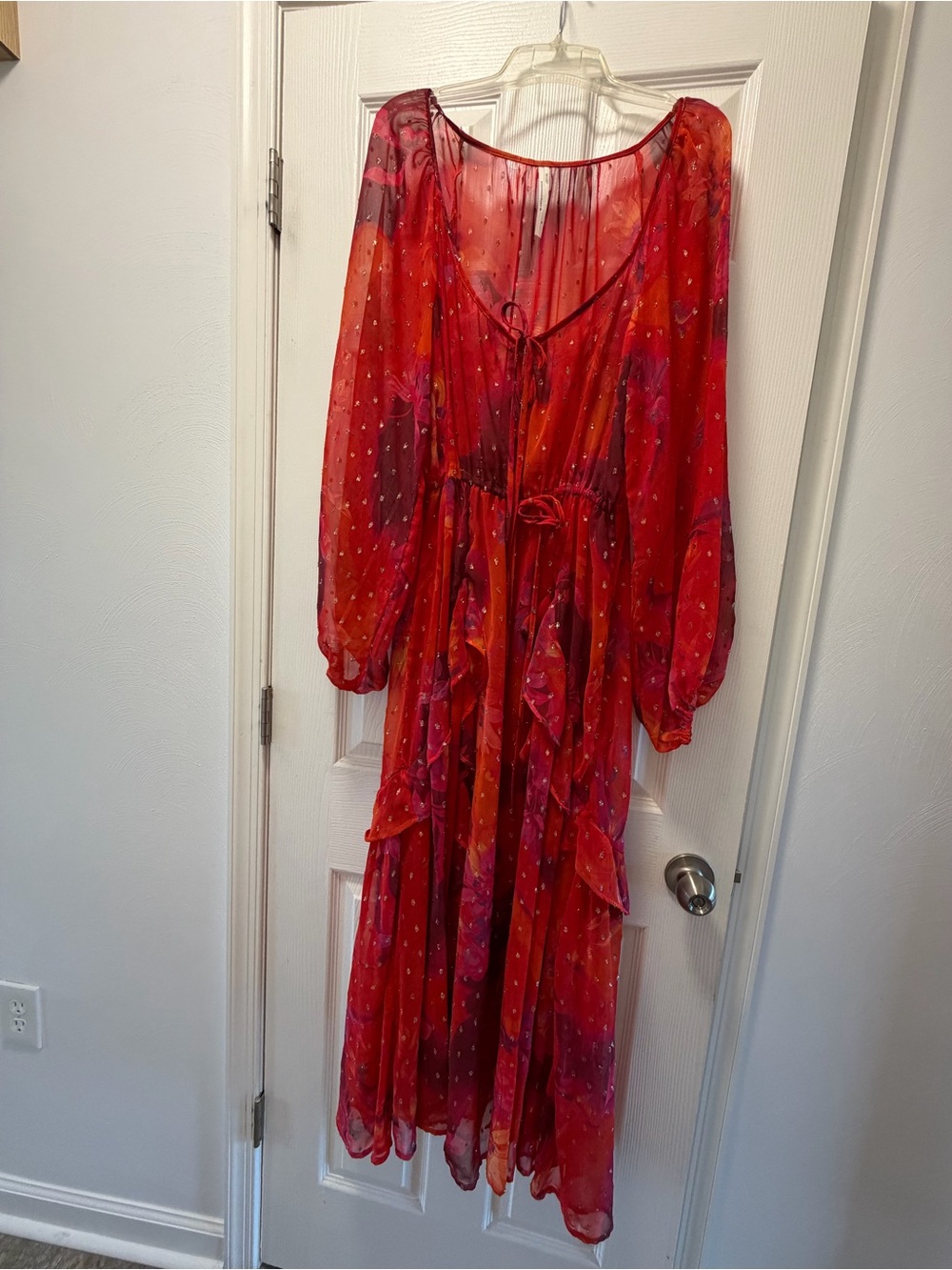 Anthropologie Red and Orange Floral Sheer Maxi Dress